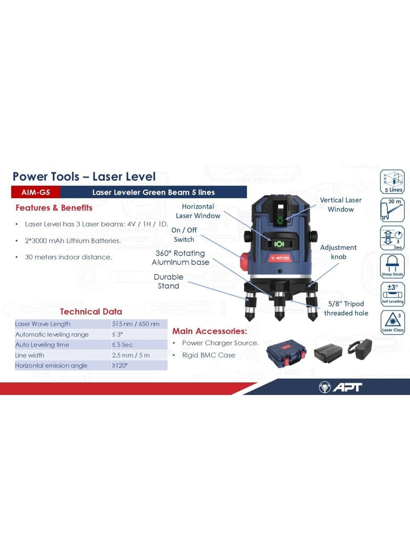 Apt Line Laser Level - 30 Meter 5 Line 2 battery Model  APT AIM-G5 - Image 4